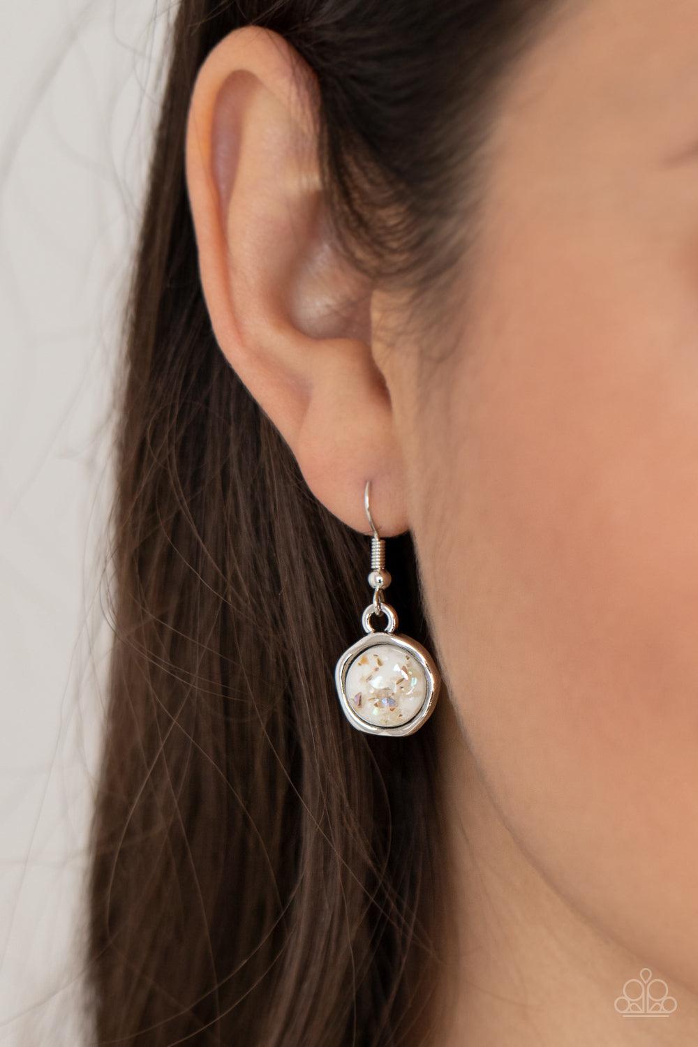 Paparazzi Accessories So Jelly - White Flecks of iridescent shell-like pieces are encased in glassy white beads. Featuring hammered silver frames, the mismatched frames delicately cluster below the collar for an ethereal fashion. Features an adjustable cl