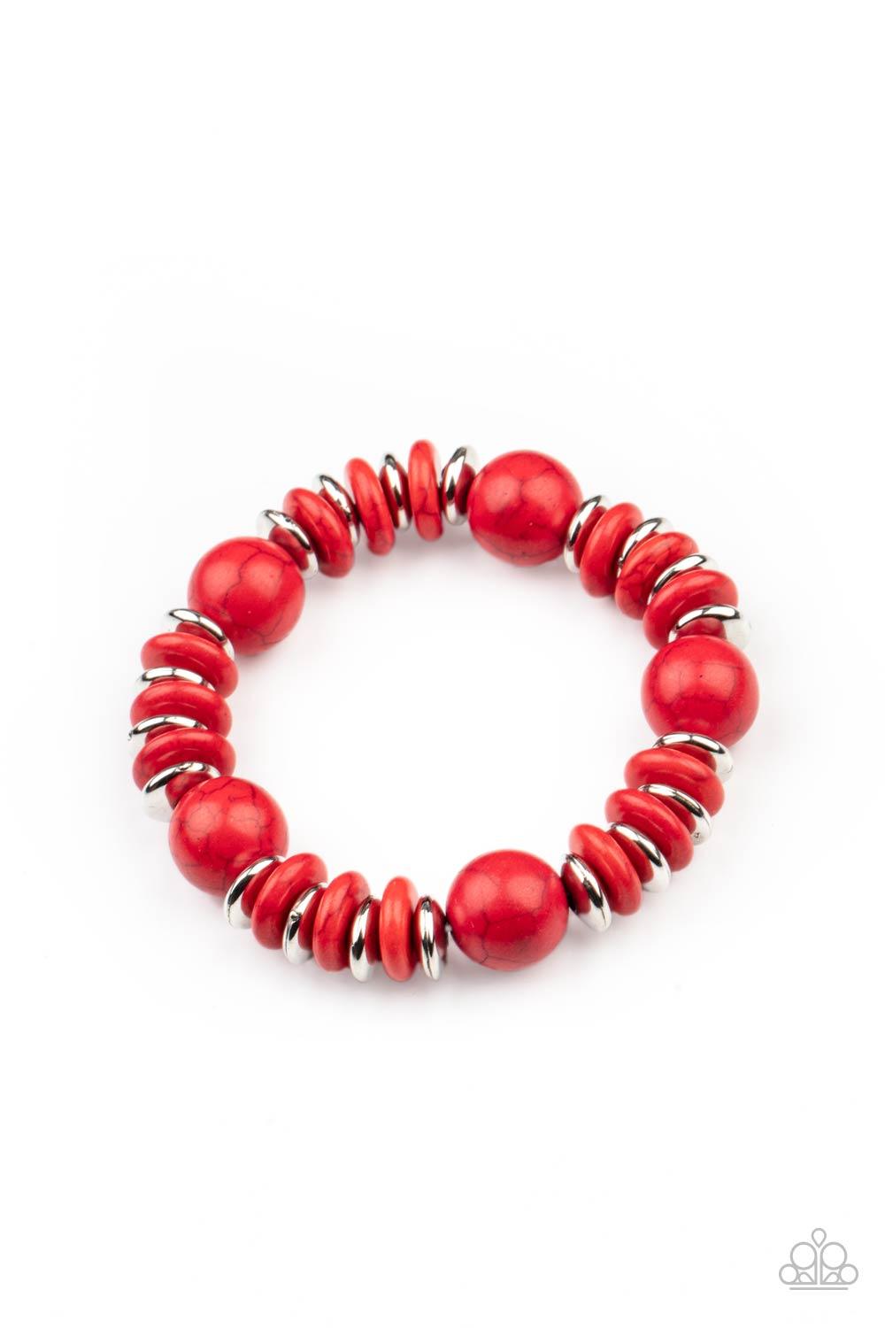 Paparazzi Accessories Rustic Rival - Red Disc shaped red stone and silver beads join oversized red stone beads along a stretchy band, creating a rustic centerpiece around the wrist. Sold as one individual bracelet. Jewelry
