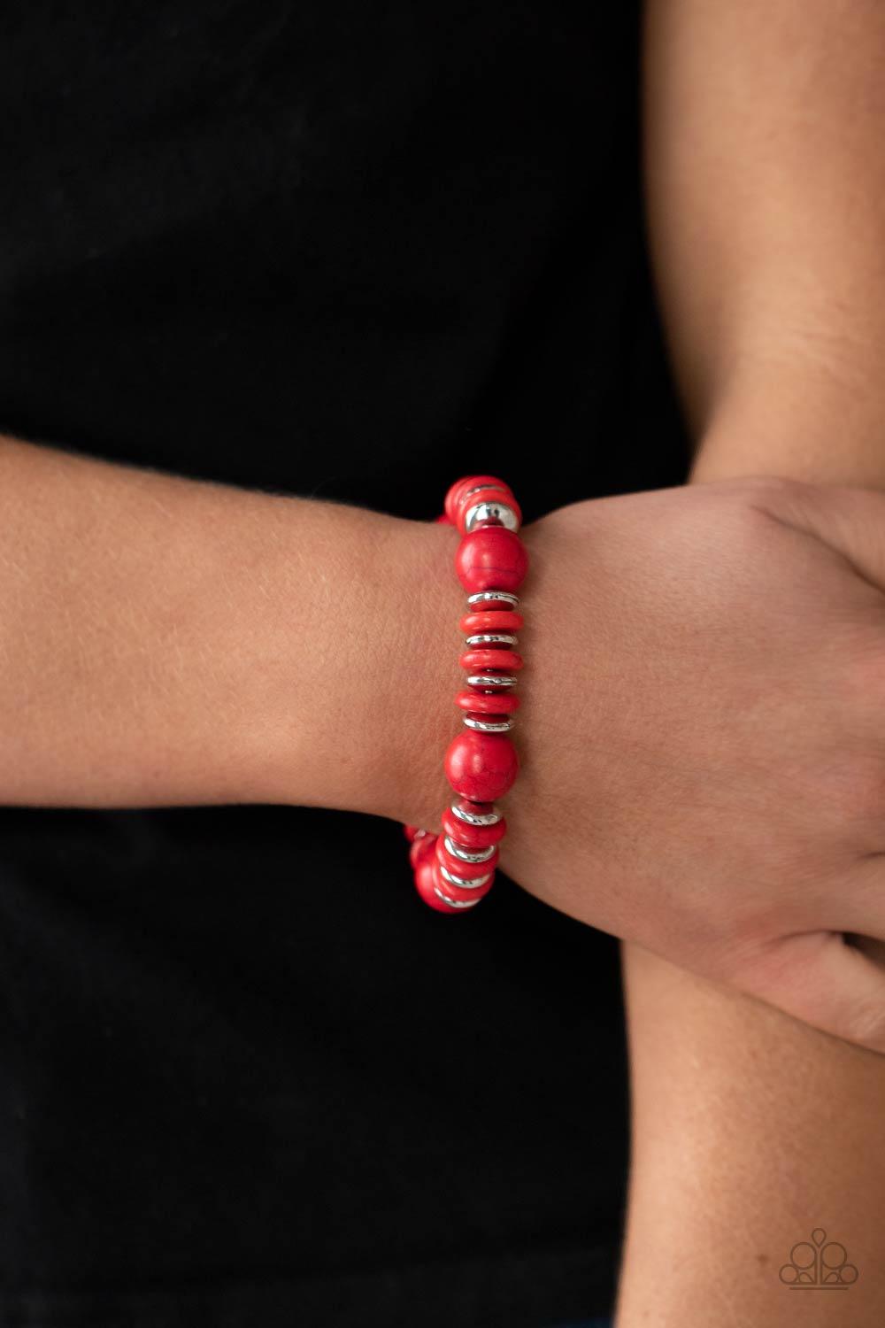 Paparazzi Accessories Rustic Rival - Red Disc shaped red stone and silver beads join oversized red stone beads along a stretchy band, creating a rustic centerpiece around the wrist. Sold as one individual bracelet. Jewelry