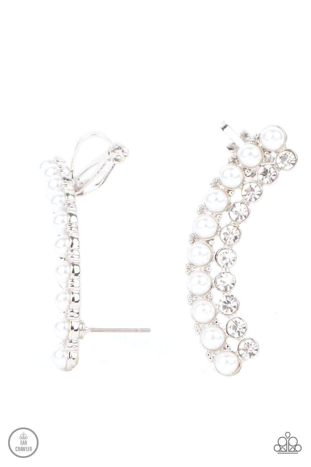 Paparazzi Accessories Doubled Down On Dazzle - White Featuring classic silver fittings, two rows of dainty white pearls and glassy white rhinestones arch into a timeless statement piece. Earring attaches to a standard post earring. Features a clip-on fitt