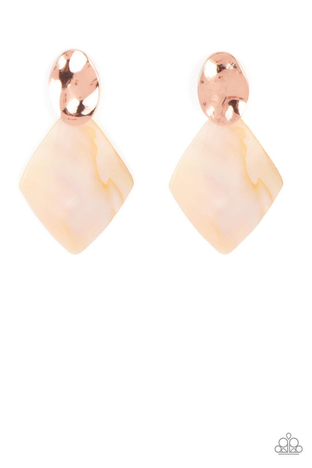 Paparazzi Accessories Alluringly Lustrous - Copper An iridescent shell-like frame attaches to the bottom of a hammered shiny copper oval, creating a refined centerpiece. Earring attaches to a standard post fitting. Sold as one pair of post earrings. Jewel