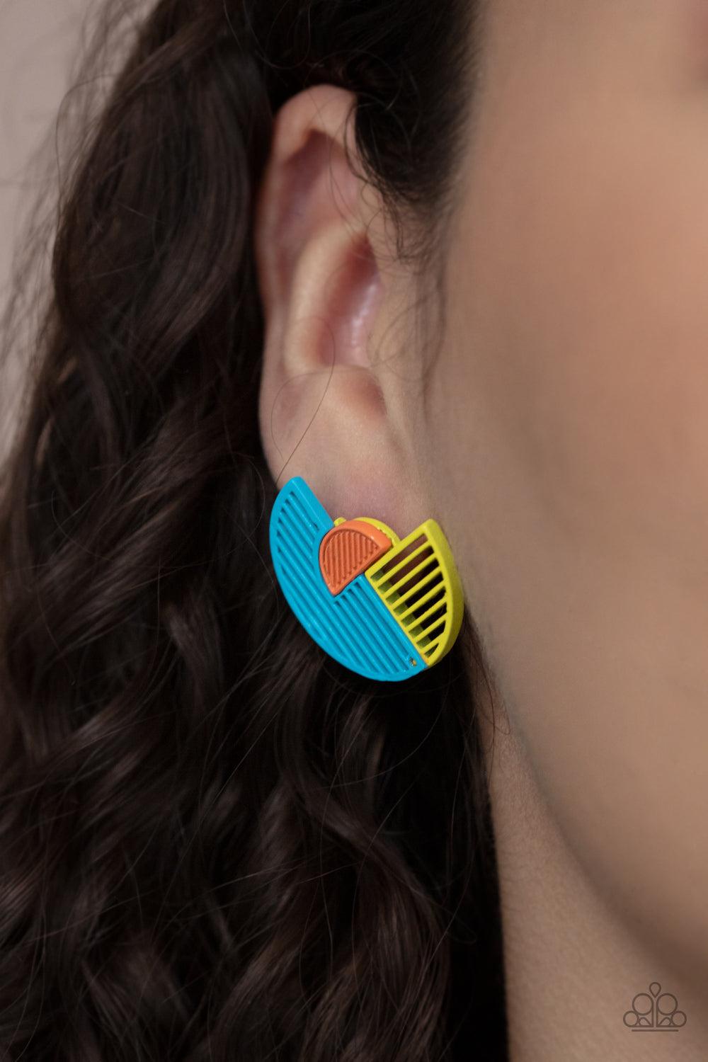 Paparazzi Accessories Its Just an Expression - Blue Featuring airy stenciled linear patterns, overlapping blue and yellow crescent shaped frames gather around a dainty orange crescent frame, creating a modern display. Earring attaches to a standard post f
