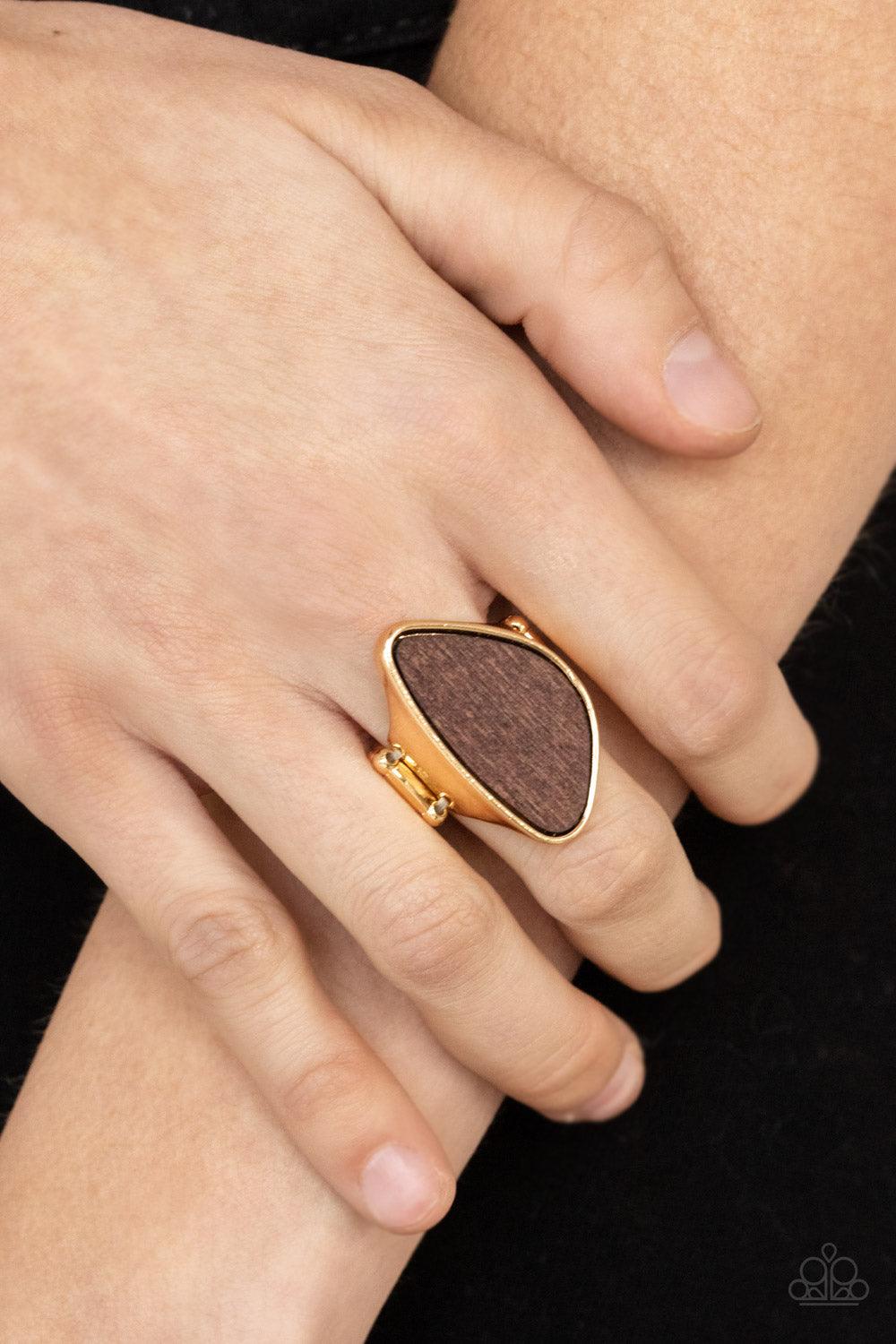 Paparazzi Accessories Perfectly Petrified - Gold An asymmetrical piece of rustic wood is nestled inside a sleek gold frame that thickens into a shimmery band around the finger, creating a refined centerpiece. Features a stretchy band for a flexible fit. S