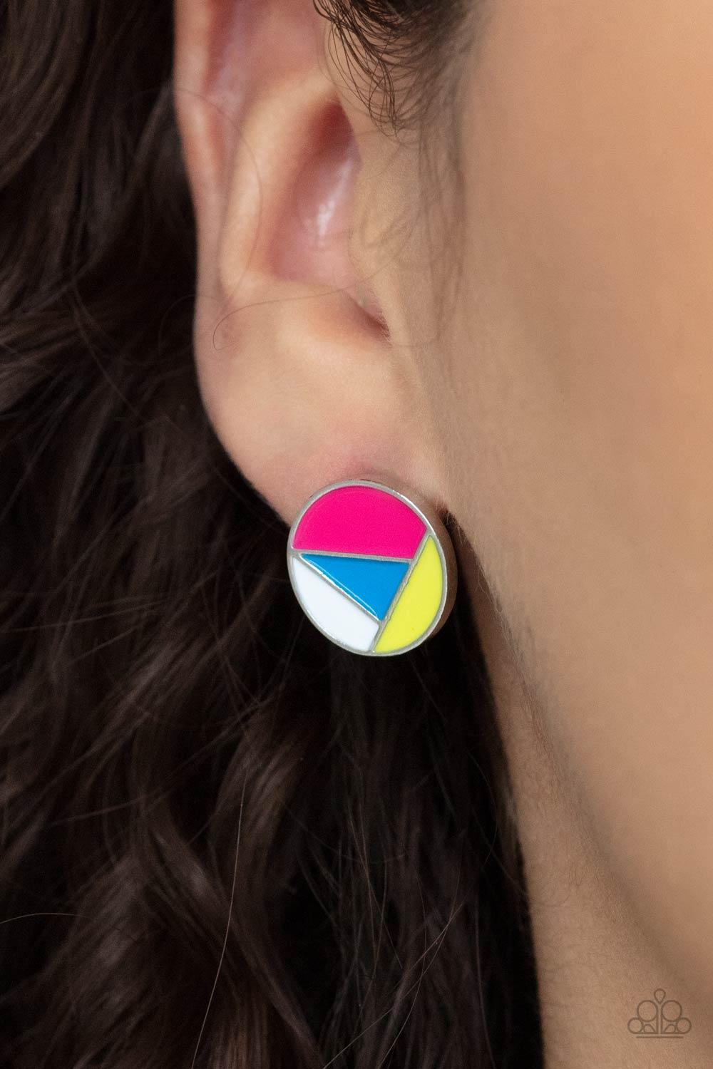 Paparazzi Accessories Artistic Expression - Multi A dainty round frame is painted in pink, blue, yellow, and white geometric sections, creating an abstract display. Earring attaches to a standard post fitting. Sold as one pair of post earrings Jewelry