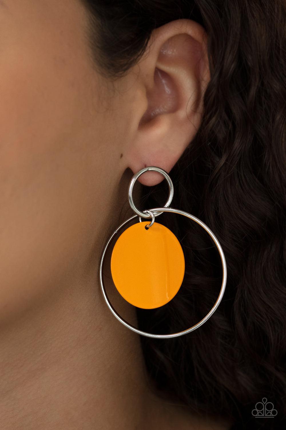 Paparazzi Accessories POP, Look, and Listen - Orange A Marigold disc swings from two interlocking silver hoops, creating a flirtatious pop of color. Earring attaches to a standard post fitting. Sold as one pair of post earrings. Jewelry