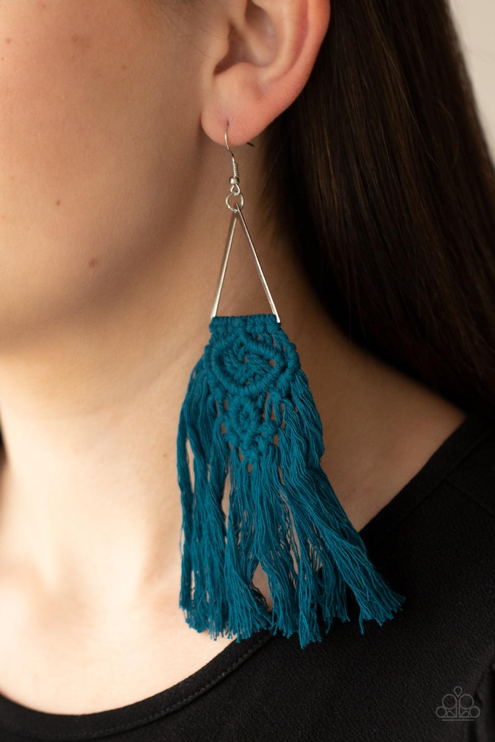 Paparazzi Accessories Modern Day Macrame - Blue Blue threaded tassels ornately knot at the bottom of a shimmery silver triangular frame, creating a macramé inspired fringe. Earring attaches to a standard fishhook fitting. Sold as one pair of earrings. Jew