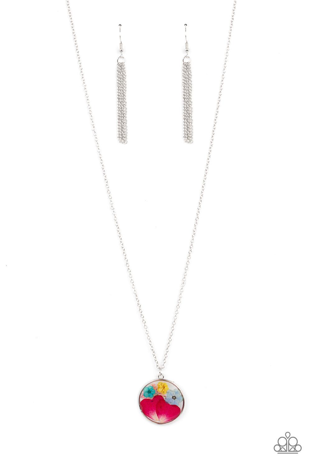 Paparazzi Accessories Eternal Spring - Multi A colorful collection of wildflowers is encased in a glassy pendant, creating a whimsical display below the collar. Features an adjustable clasp closure. Sold as one individual necklace. Includes one pair of ma