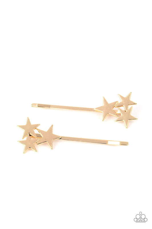 Paparazzi Accessories Suddenly Starstruck - Gold A trio of glistening gold stars cluster at the corner of a classic gold bobby pin for a stellar look. Sold as one pair of decorative bobby pins. Jewelry