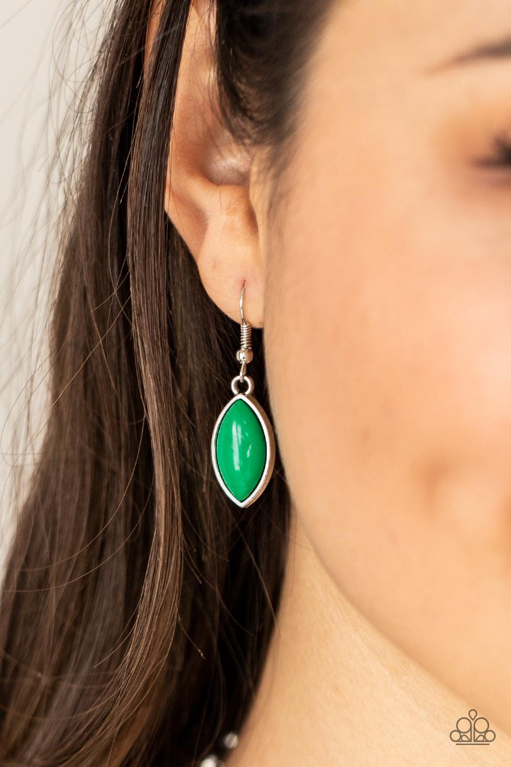 Paparazzi Accessories Viva La Vacation - Green Trios of Mint marquise shaped beads connect into leafy frames below the collar, creating a vivacious centerpiece. Features an adjustable clasp closure. Sold as one individual necklace. Includes one pair of ma
