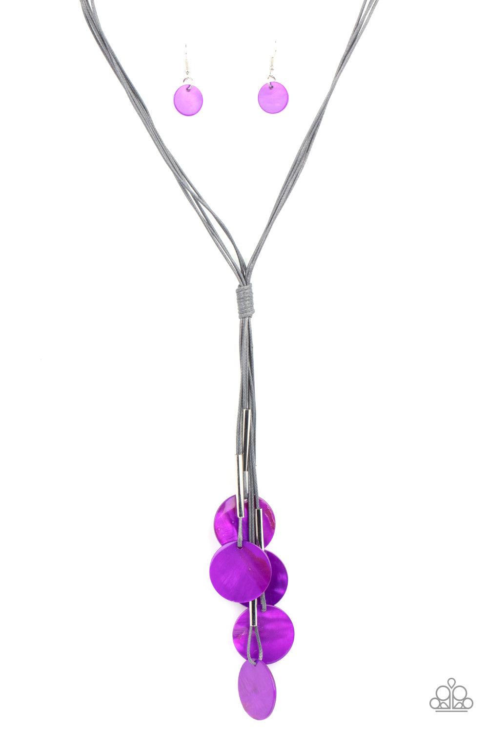 Paparazzi Accessories Tidal Tassels - Purple Featuring cylindrical silver accents, iridescent purple shell-like discs swing from the ends of knotted Ultimate Gray cords, creating a flamboyant tassel. Features an adjustable sliding knot closure. Sold as on