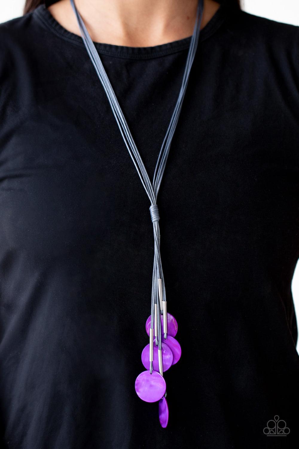 Paparazzi Accessories Tidal Tassels - Purple Featuring cylindrical silver accents, iridescent purple shell-like discs swing from the ends of knotted Ultimate Gray cords, creating a flamboyant tassel. Features an adjustable sliding knot closure. Sold as on