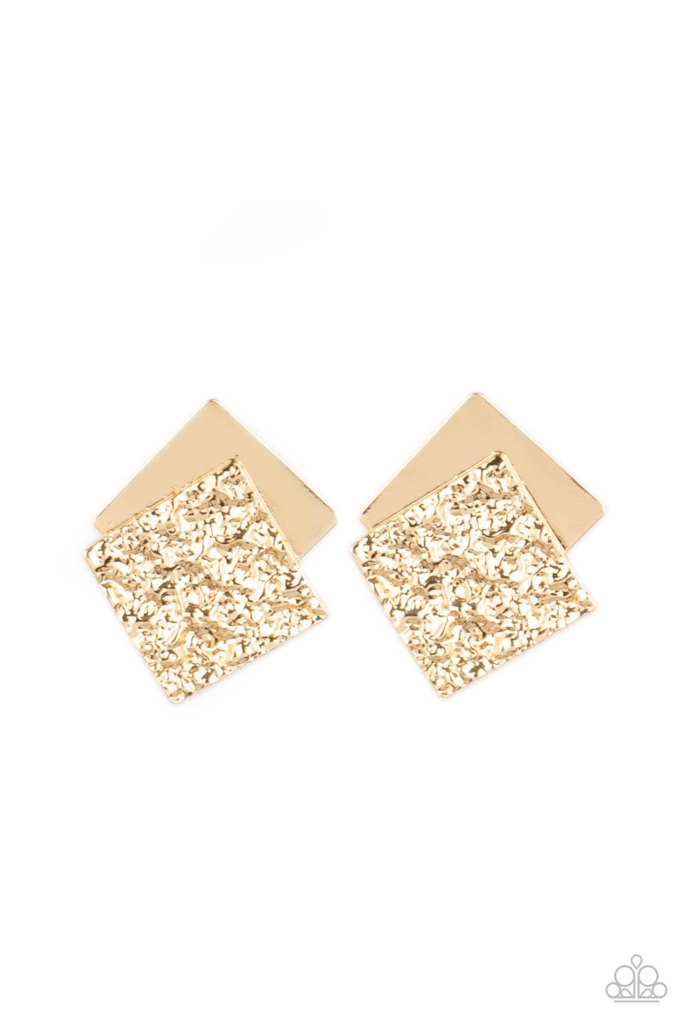 Paparazzi Accessories Square With Style - Gold Embossed in gritty textures, a rough gold square overlaps a plain gold square, creating a stacked frame. Earring attaches to a standard post fitting. Sold as one pair of post earrings. Jewelry