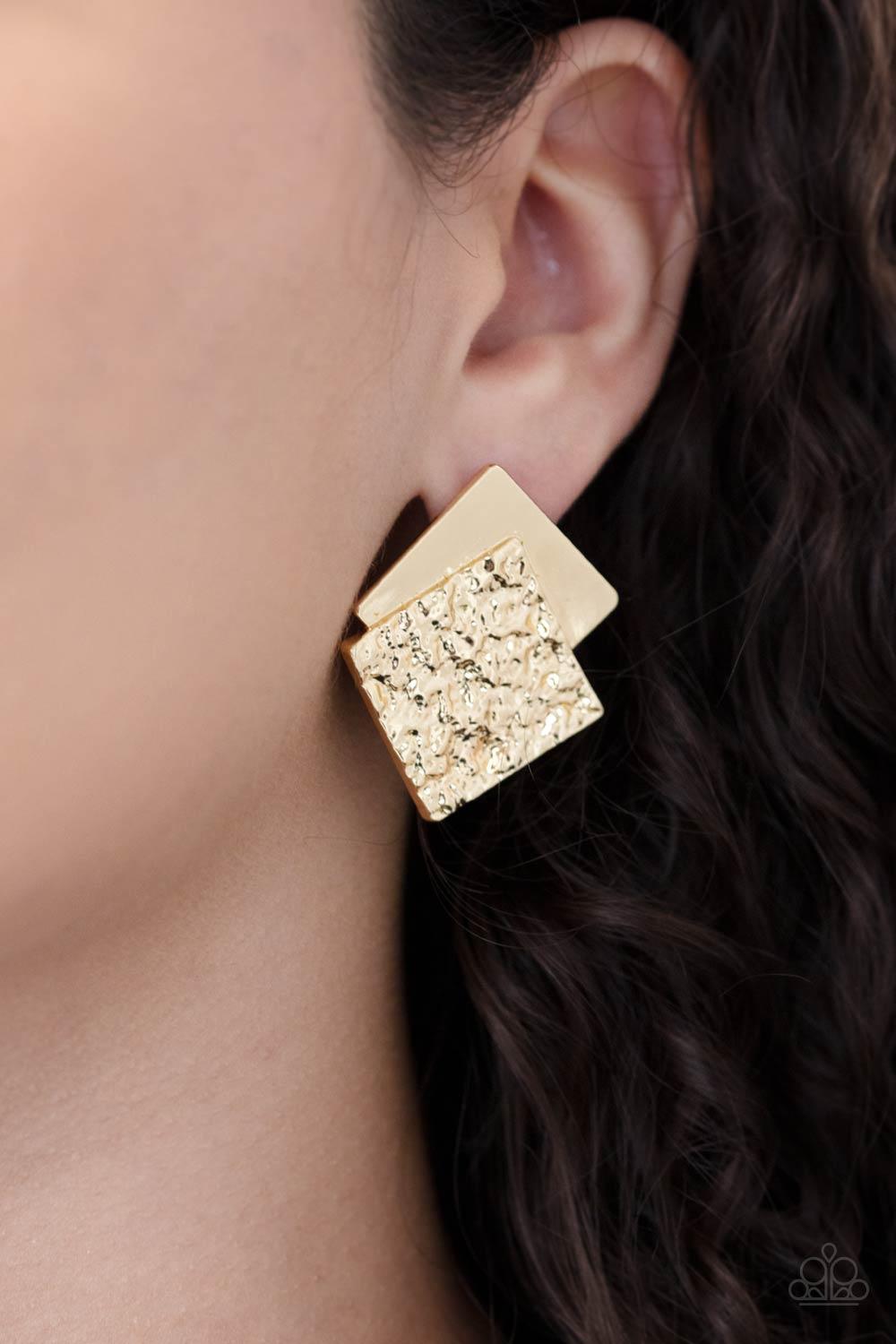Paparazzi Accessories Square With Style - Gold Embossed in gritty textures, a rough gold square overlaps a plain gold square, creating a stacked frame. Earring attaches to a standard post fitting. Sold as one pair of post earrings. Jewelry