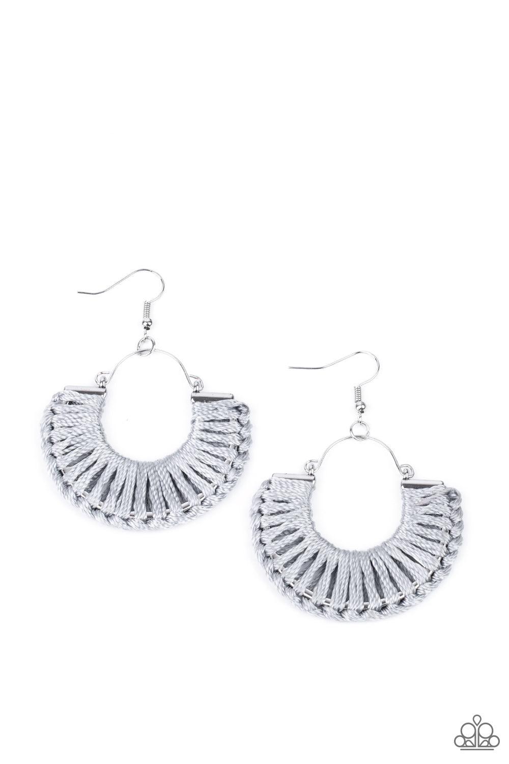 Paparazzi Accessories Threadbare Beauty - Silver Shiny Ultimate Gray thread wraps and knots around a silver half moon frame, creating a colorful boho frame. Earring attaches to a standard fishhook fitting. Sold as one pair of earrings. Jewelry