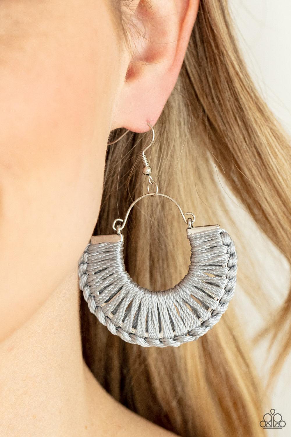 Paparazzi Accessories Threadbare Beauty - Silver Shiny Ultimate Gray thread wraps and knots around a silver half moon frame, creating a colorful boho frame. Earring attaches to a standard fishhook fitting. Sold as one pair of earrings. Jewelry