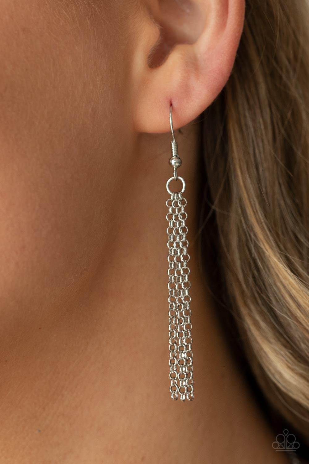 Paparazzi Accessories Hello, Material Girl - Green Vibrant geometric squares painted in the spring Pantone® of Mint flare out along a long silver chain as it drapes along the chest. Sleek silver cylinders separate the square plates, adding cool metallic a