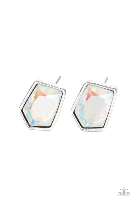 Paparazzi Accessories Indulge Me - Multi Featuring a raw asymmetrical cut, an iridescent gem is encased inside a sleek silver frame, creating a stellar display. Earring attaches to a standard post fitting. Sold as one pair of post earrings. Earrings