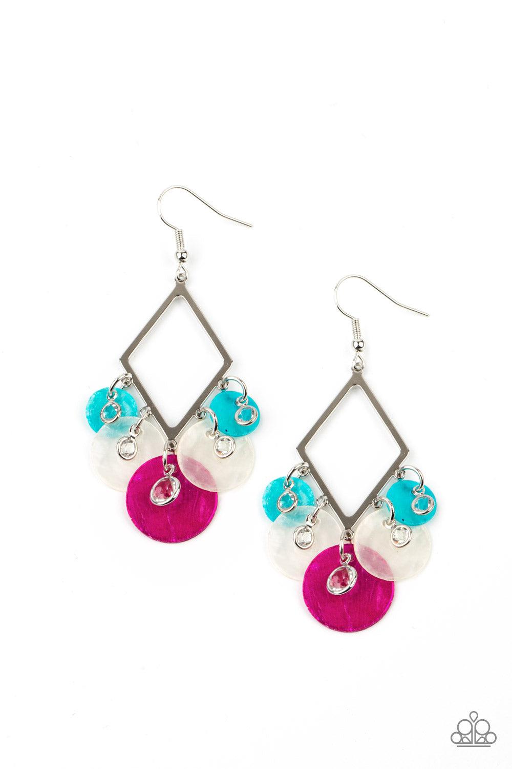 Paparazzi Accessories Pomp And Circumstance - Multi Gradually increasing in size, a glimmering collection of glassy white rhinestones and vivacious pink, blue, and white shell-like discs cascade from the bottom of a diamond shaped silver frame, creating a