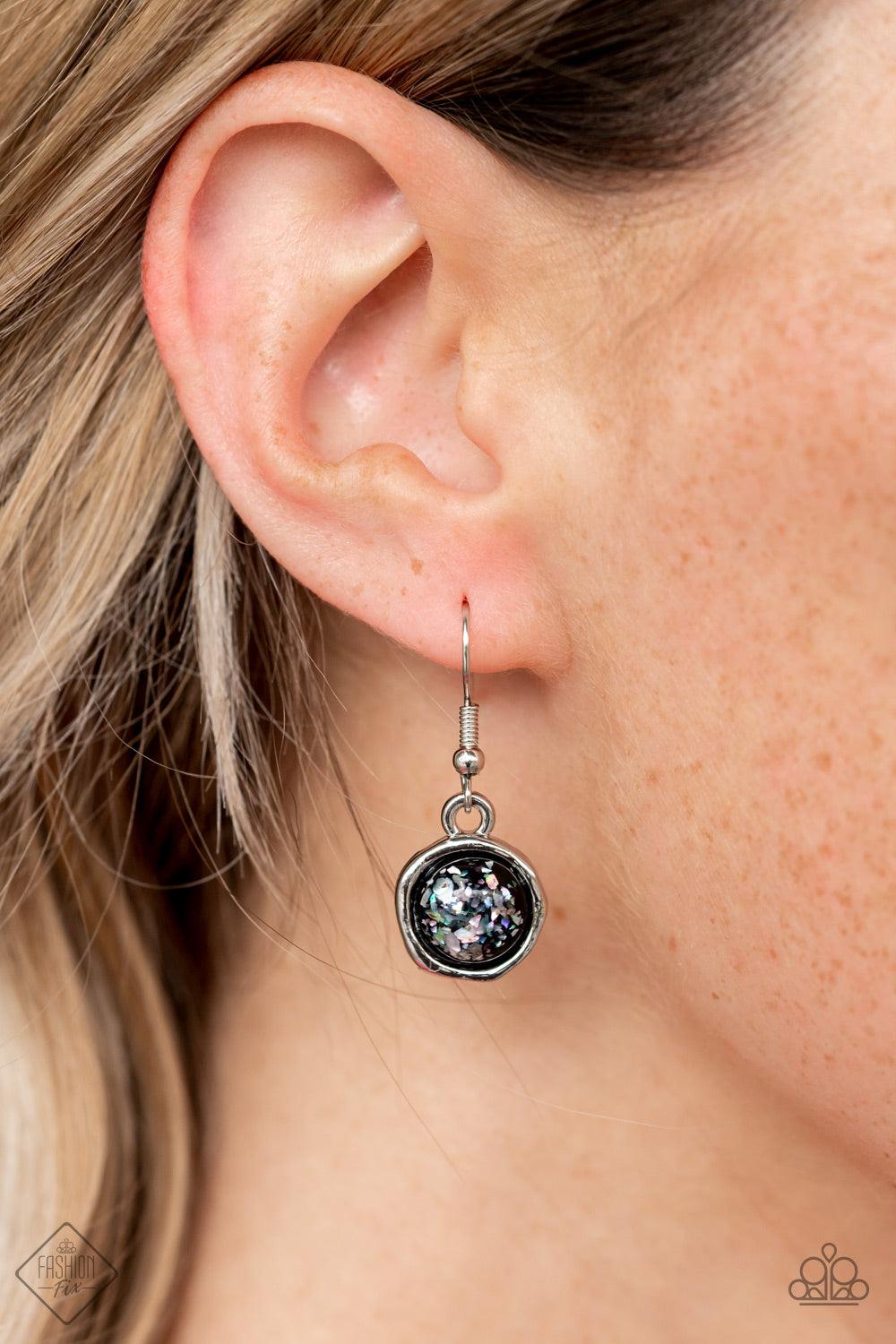 Paparazzi Accessories So Jelly - Black Flecks of iridescent shell-like pieces are encased in glassy black beads. Featuring hammered silver frames, the mismatched frames delicately cluster below the collar for a bubbly ethereal fashion. Features an adjusta
