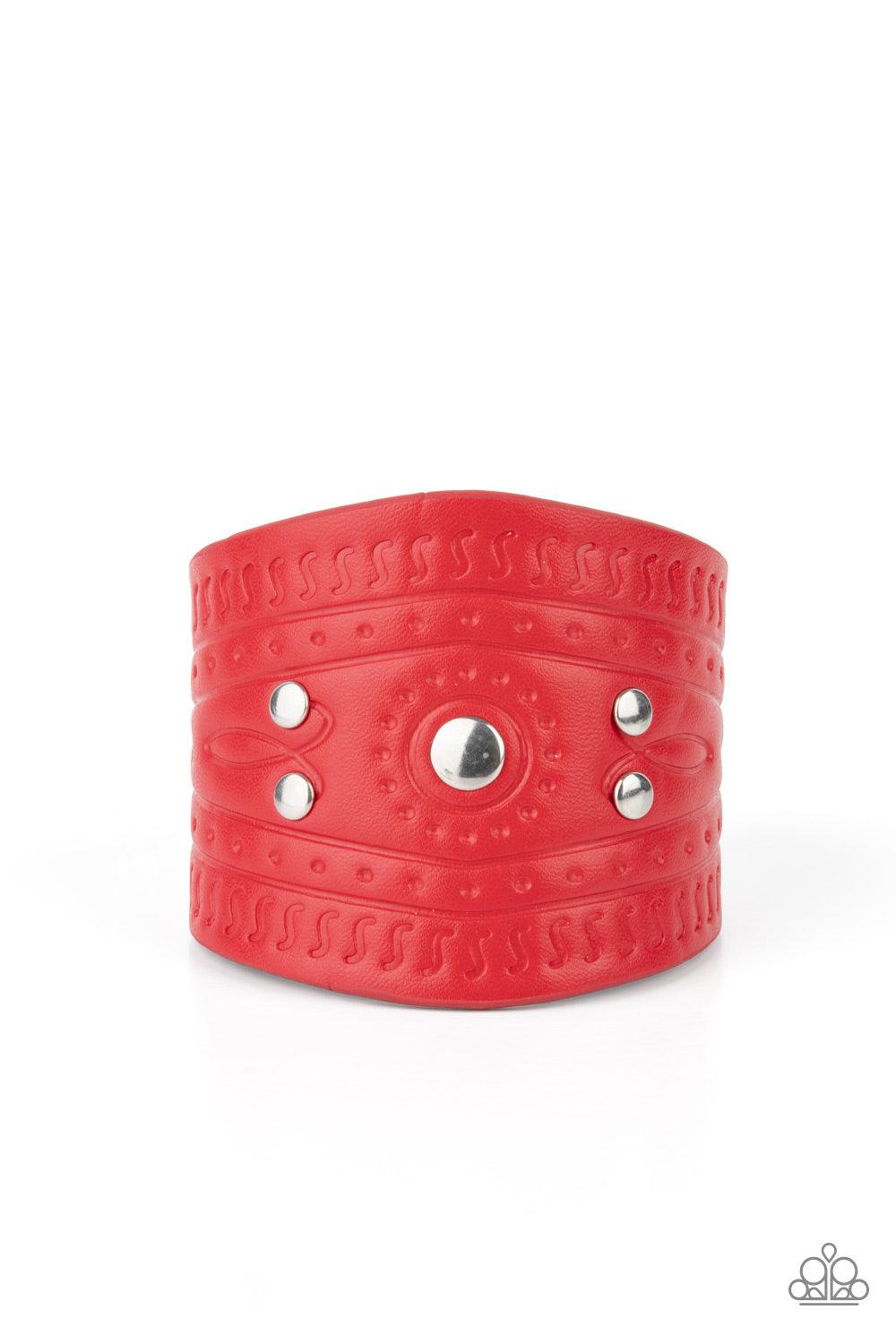 Paparazzi Accessories Orange County - Red Dotted in shiny silver studs, a triangular piece of red leather is stamped in indigenous inspired patterns for an urban flair. Features an adjustable snap closure. Sold as one individual bracelet.2.77 Bracelets