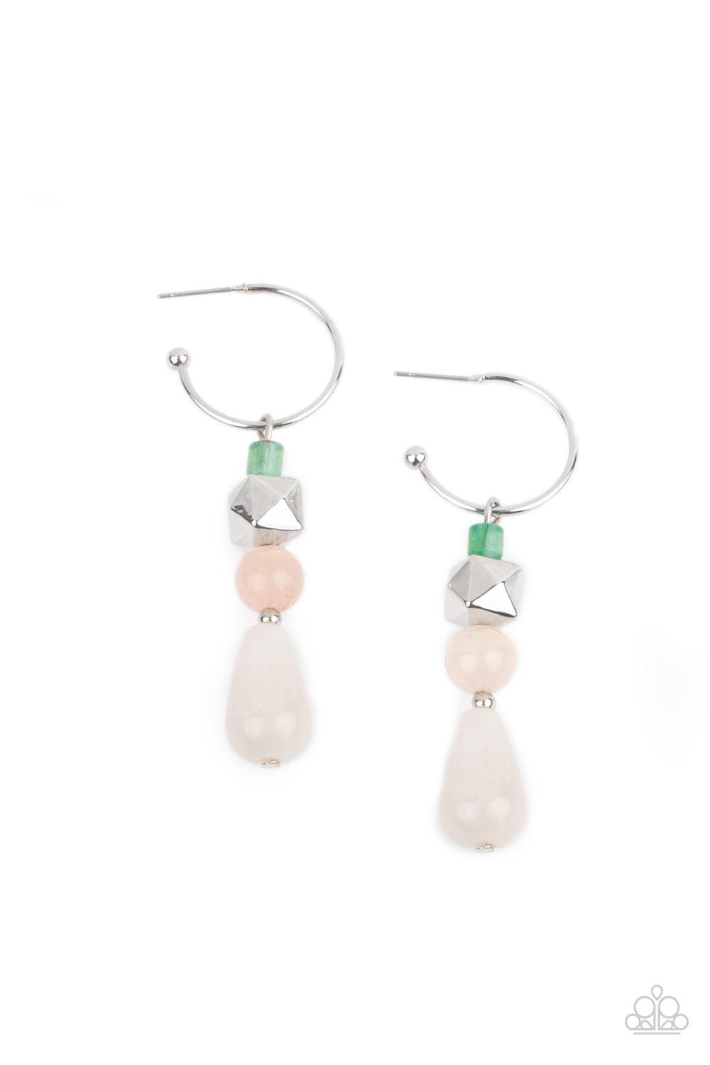 Paparazzi Accessories Boulevard Stroll - Multi A charismatic collection of jade, pink, and white stone beads, accented with a silver faceted square bead, are threaded onto a silver pin which dangles from a dainty silver hoop. Earring attaches to a standar