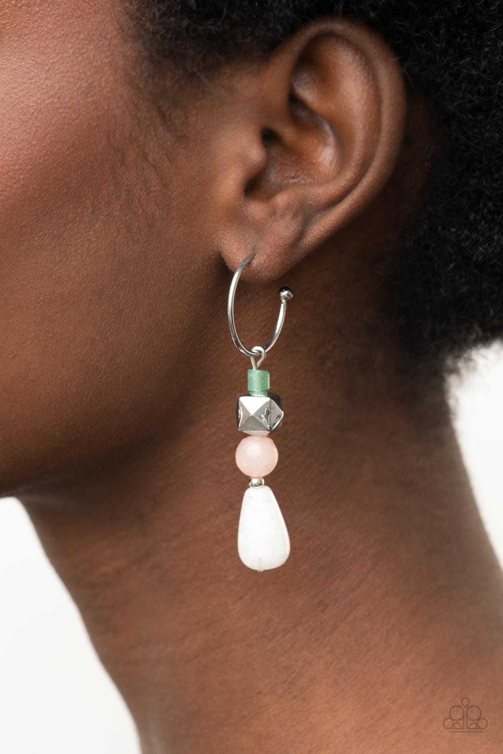 Paparazzi Accessories Boulevard Stroll - Multi A charismatic collection of jade, pink, and white stone beads, accented with a silver faceted square bead, are threaded onto a silver pin which dangles from a dainty silver hoop. Earring attaches to a standar