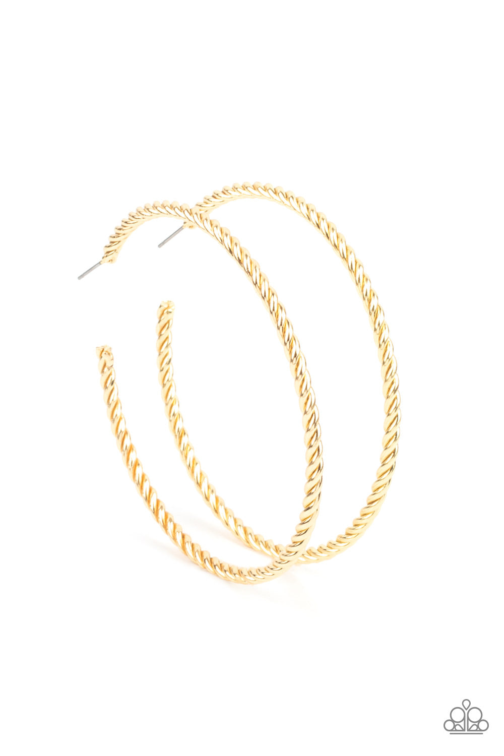 Paparazzi Accessories Resist The Twist - Gold Shiny gold strands twist together to form an edgy statement-making hoop. Earring attaches to a standard post fitting. Hoop measures approximately 2 3/4" in diameter. Sold as one pair of hoop earrings. Jewelry
