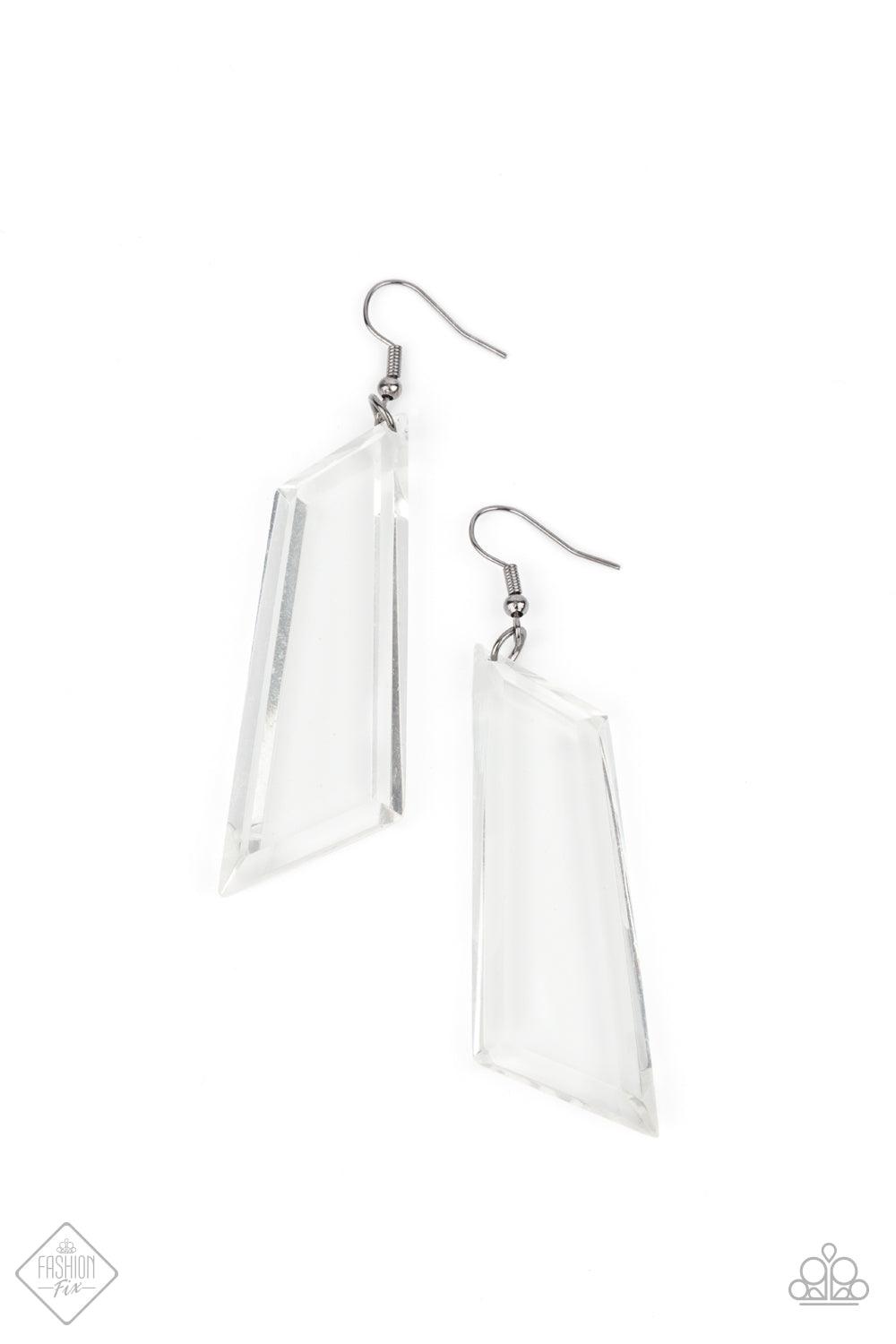 Paparazzi Accessories The Final Cut - Black Featuring a flashy emerald-like cut, an asymmetrical crystal-like acrylic frame swings from the ear, casting rainbow reflections with its glassy exterior. Earring attaches to a standard fishhook fitting. Sold as