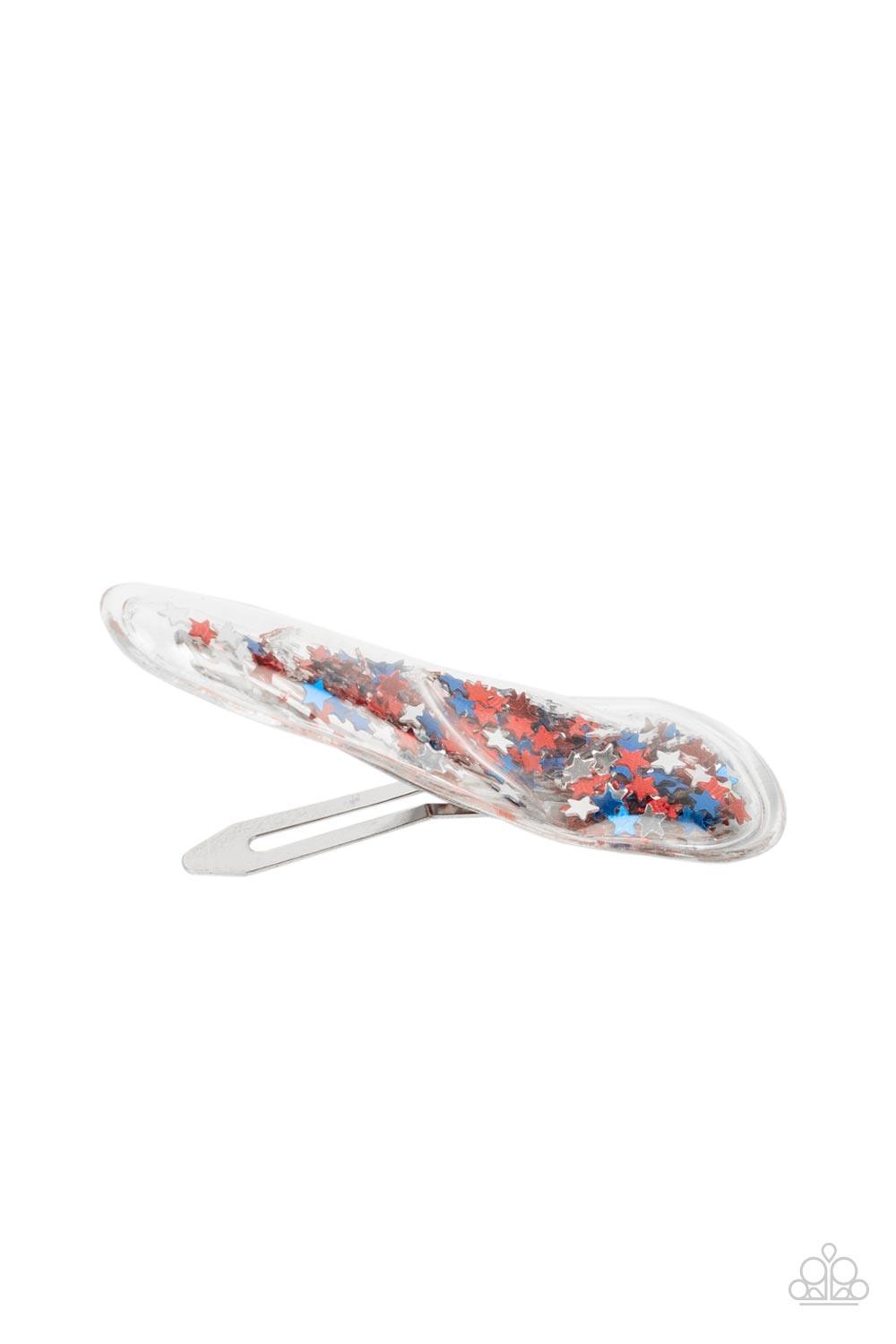 Paparazzi Accessories Oh, My Stars and Stripes - Multi A stellar collection of shimmery red, silver, and blue stars sparkle back and forth inside a clear plastic frame, creating an eye-catching twinkle. Features a standard snap hair clip on the back. Sold