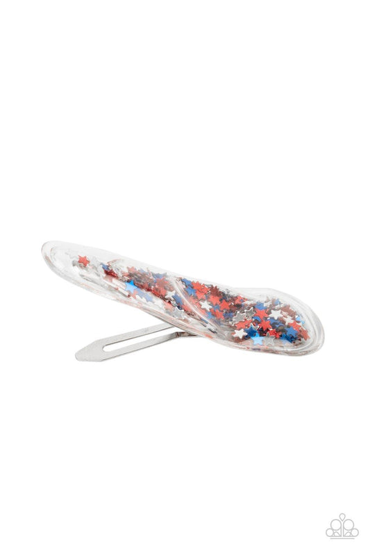 Paparazzi Accessories Oh, My Stars and Stripes - Multi A stellar collection of shimmery red, silver, and blue stars sparkle back and forth inside a clear plastic frame, creating an eye-catching twinkle. Features a standard snap hair clip on the back. Sold