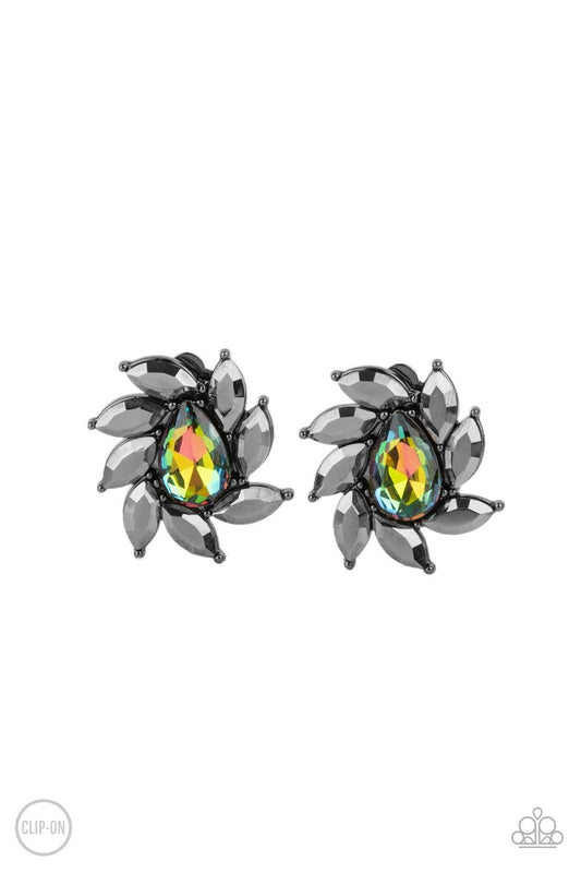 Paparazzi Accessories Sophisticated Swirl - Multi *Clip-On A faceted oil spill teardrop gem is encompassed by a radiating frame of sparkling hematite marquise rhinestones set in gunmetal pronged fittings creating a dramatically vintage finish. Earring att