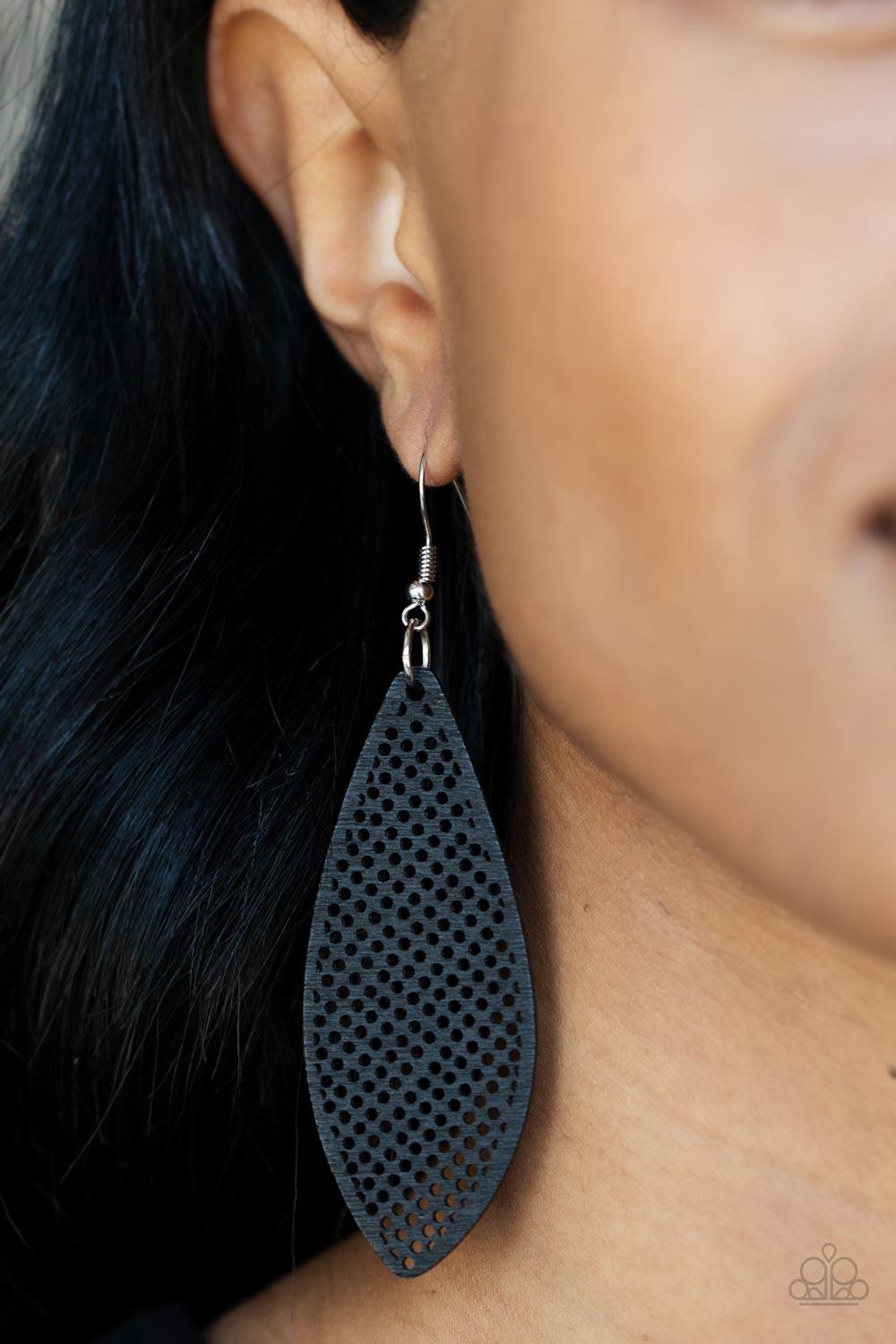 Paparazzi Accessories Surf Scene - Black In an asymmetrical surfboard-like shape, lightweight wooden frames are painted in a deep black finish and filled with a screen-like pattern creating a whimsically beachy design. Earring attaches to a standard fishh