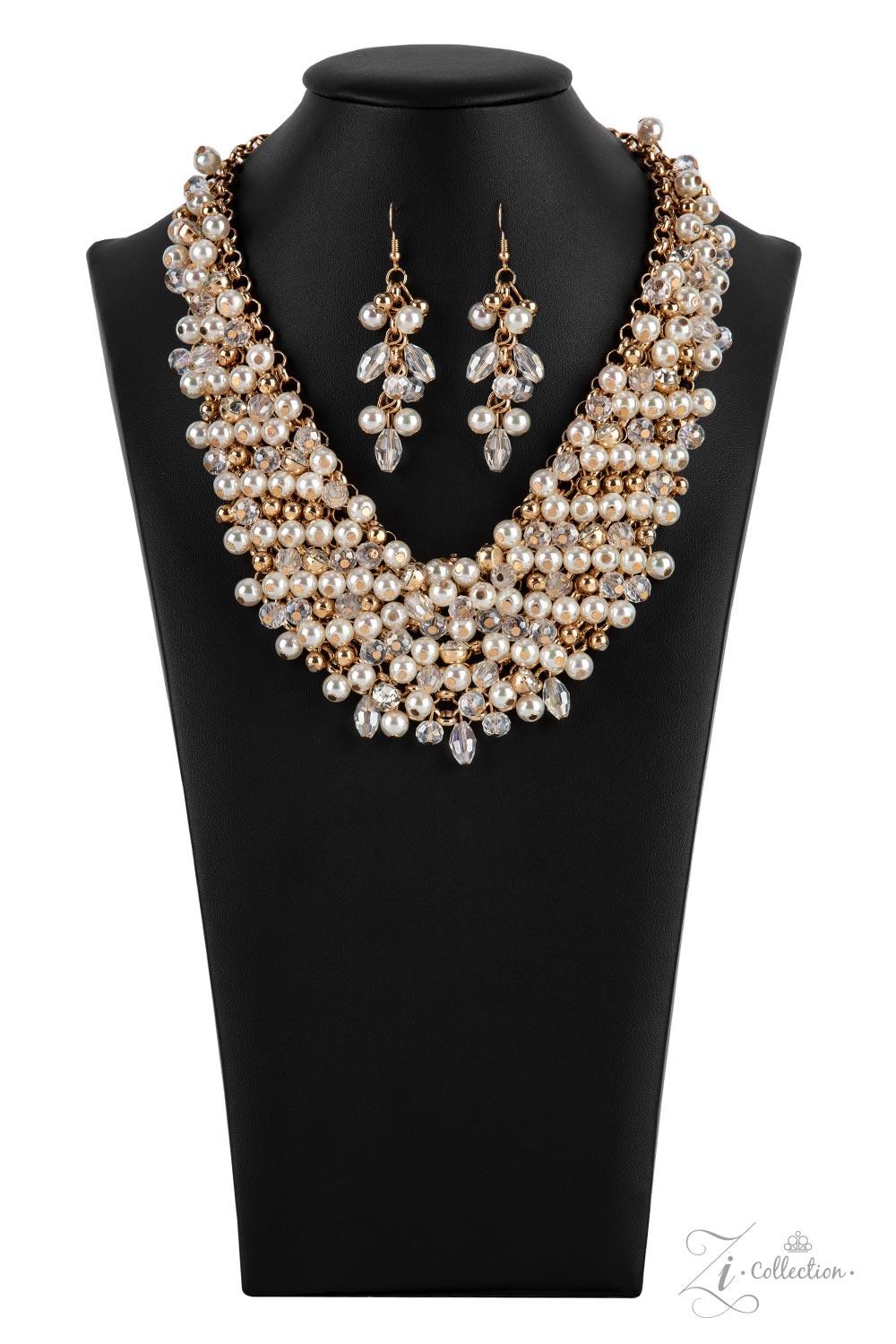 Paparazzi Accessories Sentimental Mesmerizingly mismatched crystal-like beads, white pearls, and classic white rhinestones delicately attach to a golden chain net below the collar. Jampacked with noise-making shimmer, the effervescently clustered fringe d
