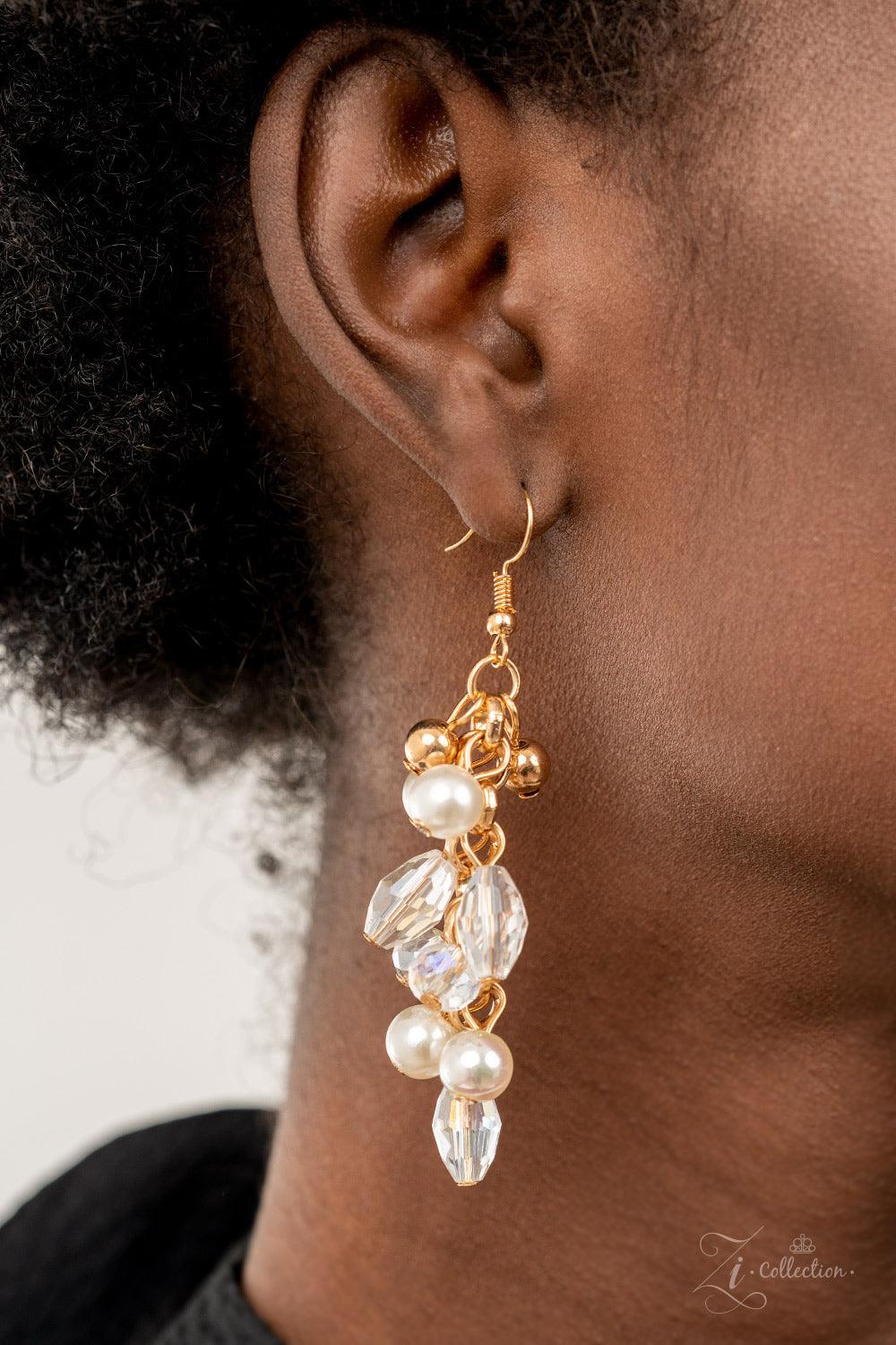 Paparazzi Accessories Sentimental Mesmerizingly mismatched crystal-like beads, white pearls, and classic white rhinestones delicately attach to a golden chain net below the collar. Jampacked with noise-making shimmer, the effervescently clustered fringe d