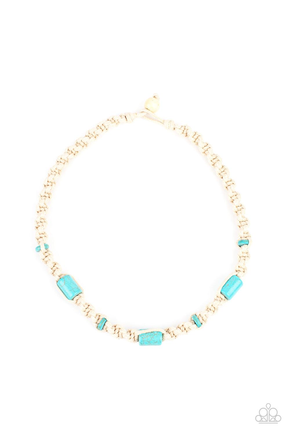 Paparazzi Accessories Explorer Exclusive - Blue Three generous cylindrical blue stones and small flat stone accents are thoughtfully woven into a macramé style necklace. The natural cord is knotted into a chunky spiral design creating a homespun sensation