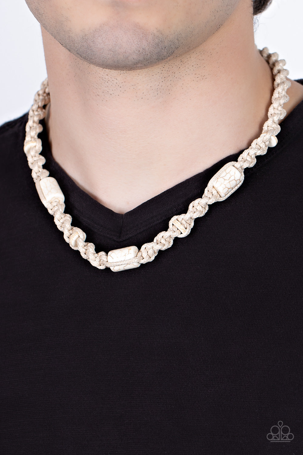 Paparazzi Accessories Explorer Exclusive - White Three cylindrical white stones and small flat stone accents are thoughtfully woven into a macramé style necklace. The natural cord is knotted into a chunky spiral design creating a homespun sensation below