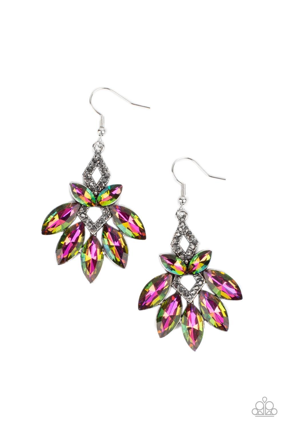 Paparazzi Accessories Galaxy Grandeur - Multi Featuring regal marquise style cuts, oversized oil spill gems fan out from smoky hematite rhinestone dotted silver frames that stack into a glamorous lure. Earring attaches to a standard fishhook fitting. Sold