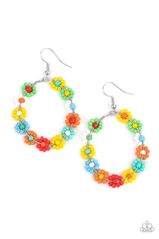 Paparazzi Accessories Festively Flower Child - Multi Dotted with mismatched multicolored beaded centers, a dainty collection of multicolored seed beaded floral frames are threaded along a wire hoop for a fabulous floral fashion. Earring attaches to a stan