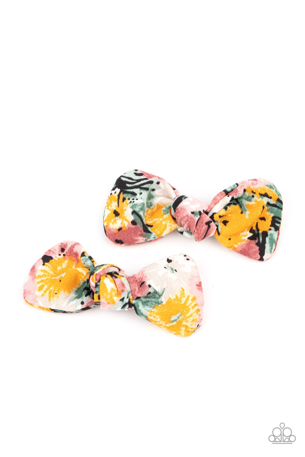 Paparazzi Accessories Pastime Picnic - Multi Featuring hints of yellow, green, pink and gray, colorful pieces of fabric delicately knot into a pair of whimsical hair bows for a seasonal look. Features standard hair clips on the back. Featured inside The P