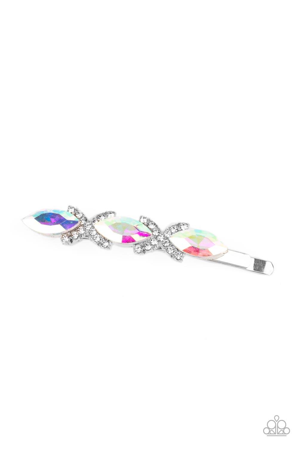 Paparazzi Accessories Stellar Socialite - Multi Crisscrossed ribbons of glassy white rhinestones separate a trio of shimmery UV marquise cut gems across the front of a classic silver bobby pin for a stellar fashion. Sold as one individual decorative bobby