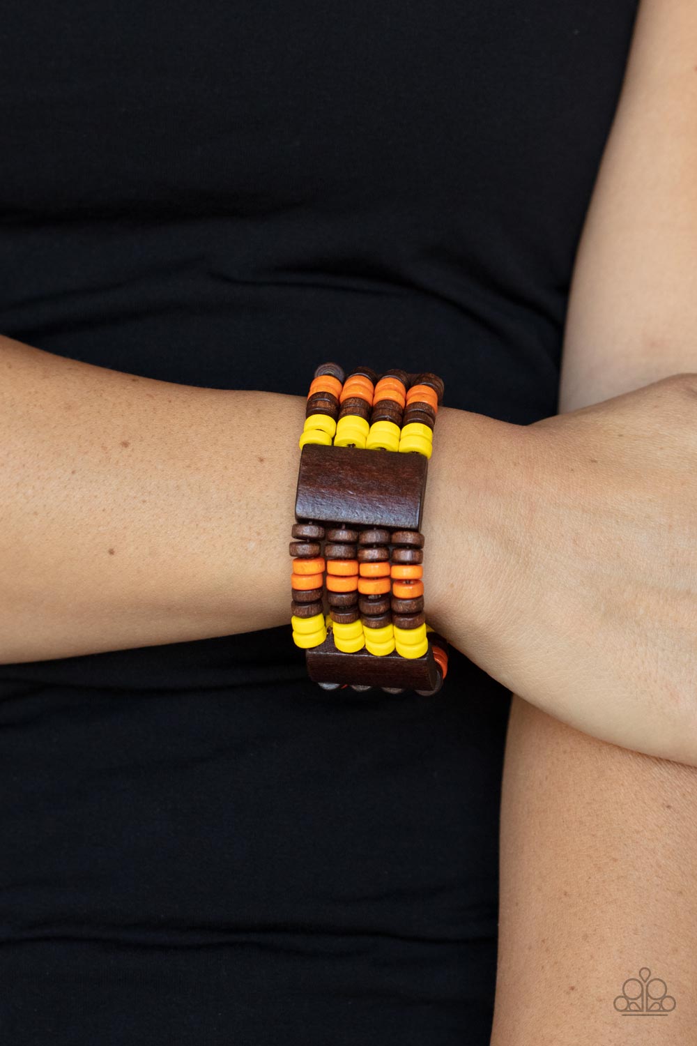 Paparazzi Accessories Aruba Attire - Multi Rows of earthy brown, Illuminating, and Burnt Orange wooden discs join rectangular brown wooden frames along stretchy bands around the wrist for a simply seasonal look. Sold as one individual bracelet. Jewelry