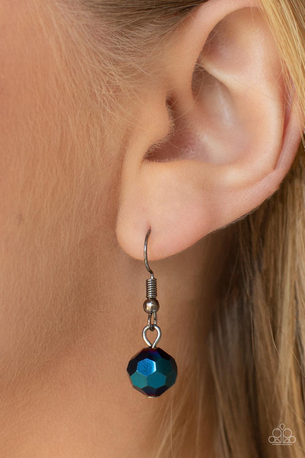 Paparazzi Accessories Prismatic Pick-Me-Up - Multi Featuring an oil spill iridescence, faceted metallic blue beads adorn sections of chunky gunmetal chains across the chest for a gritty glamorous fashion. Features an adjustable clasp closure. Sold as one