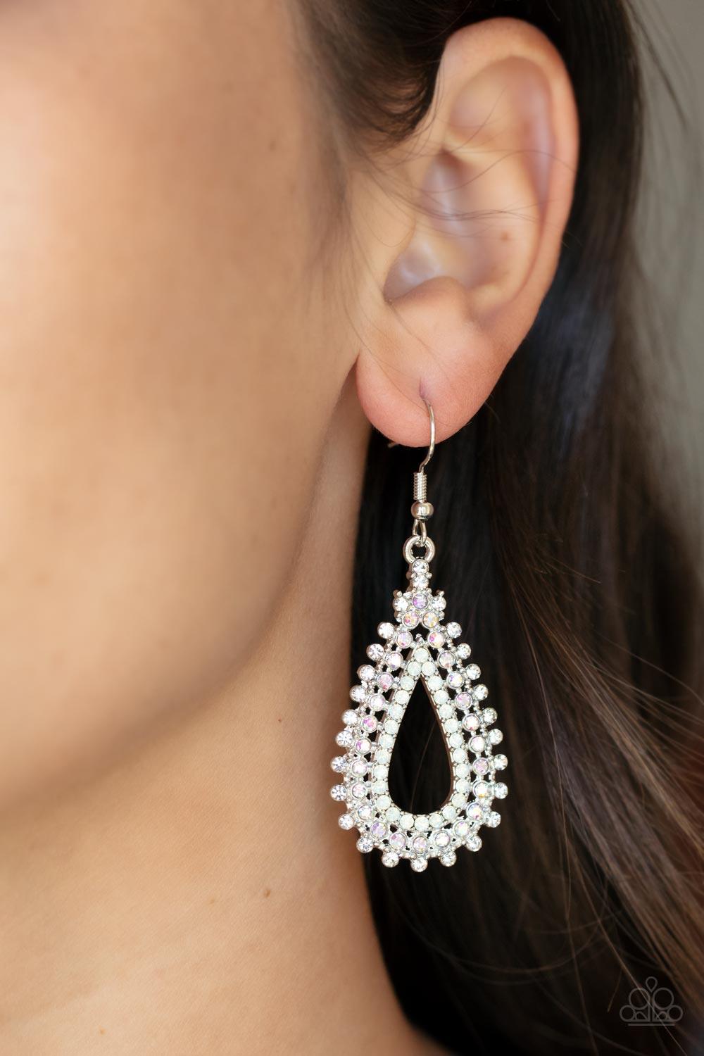 Paparazzi Accessories The Works - Multi Glittery rows of white, iridescent, and opal rhinestones stack into a solitaire sparkly teardrop frame for a glamorous fashion. Earring attaches to a standard fishhook fitting. Sold as one pair of earrings. Earrings