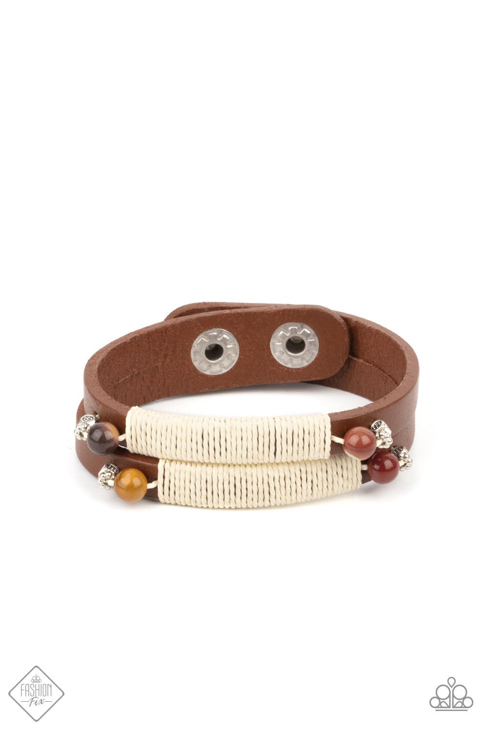 Paparazzi Accessories And ZEN Some - Multi Layered brown leather bands are wrapped with natural creme-colored cording and adorned at each end with an earthy multicolored stone and dainty silver accents, resulting in a rustic homespun finish as it wraps ar