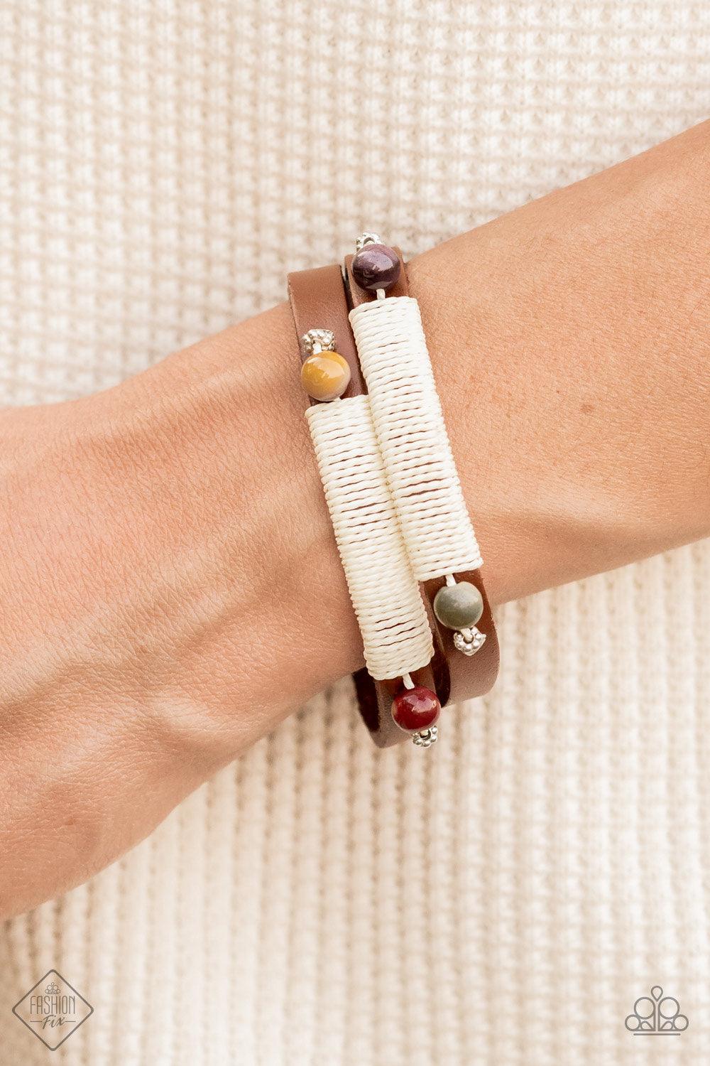 Paparazzi Accessories And ZEN Some - Multi Layered brown leather bands are wrapped with natural creme-colored cording and adorned at each end with an earthy multicolored stone and dainty silver accents, resulting in a rustic homespun finish as it wraps ar
