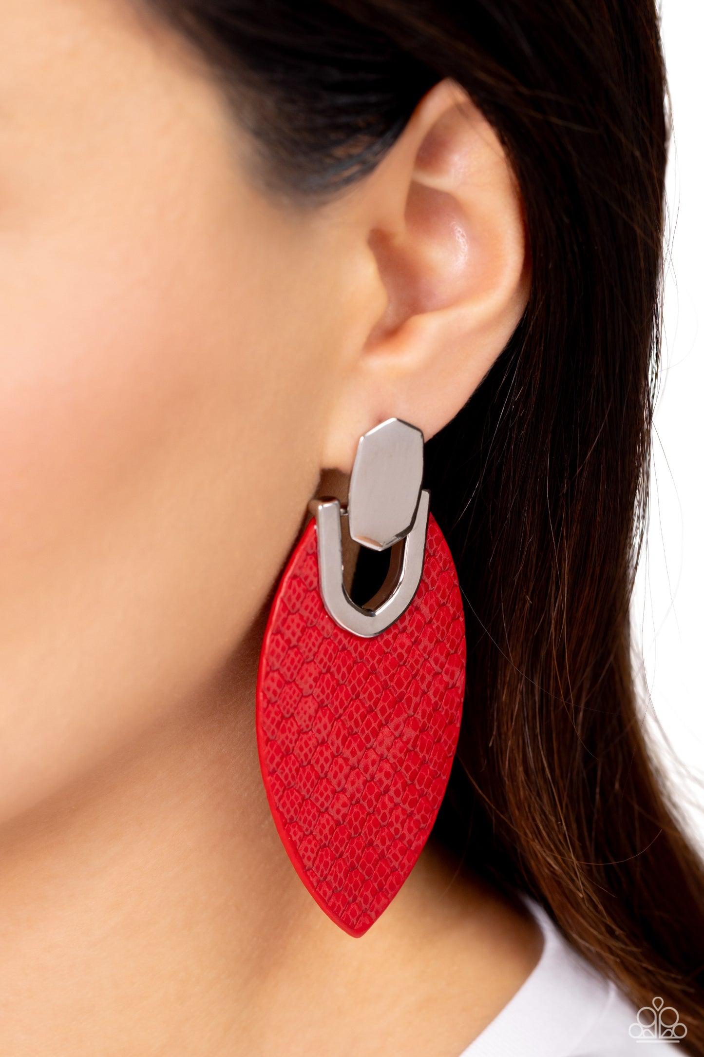 Paparazzi Accessories Wildly Workable - Red Featuring python-like texture, an oval Fire Whirl leather frame attaches to a bold silver fitting, creating a wild lure. Earring attaches to a standard post fitting. Sold as one pair of post earrings. Jewelry