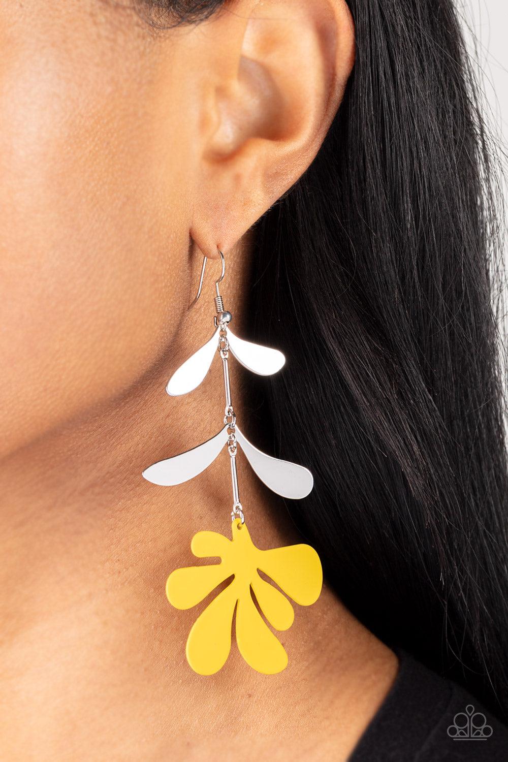 Paparazzi Accessories Palm Beach Bonanza - Yellow Painted in the lively Pantone® of Primrose, a fun metal palm leaf cut-out sways below two fanciful silver leaves separated by simple silver rods for a whimsical lure. Earring attaches to a standard fishhoo