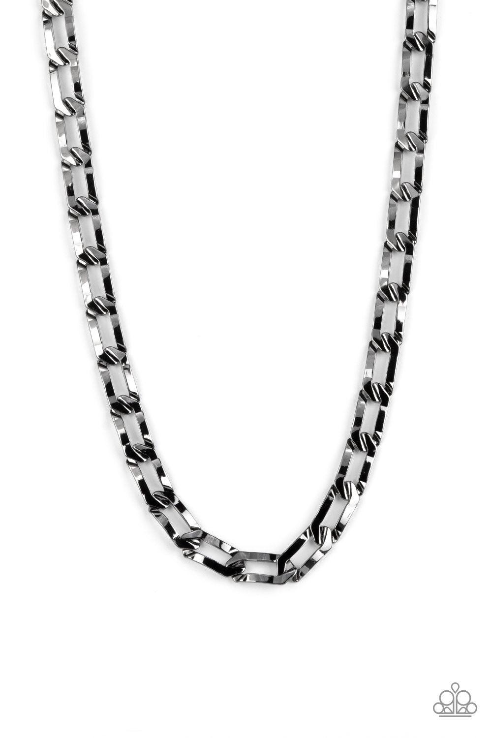 Paparazzi Accessories Full-Court Press - Black Crimped gunmetal oval links boldly interconnect across the chest, creating a classic urban look. Features an adjustable clasp closure. Sold as one individual necklace. Jewelry