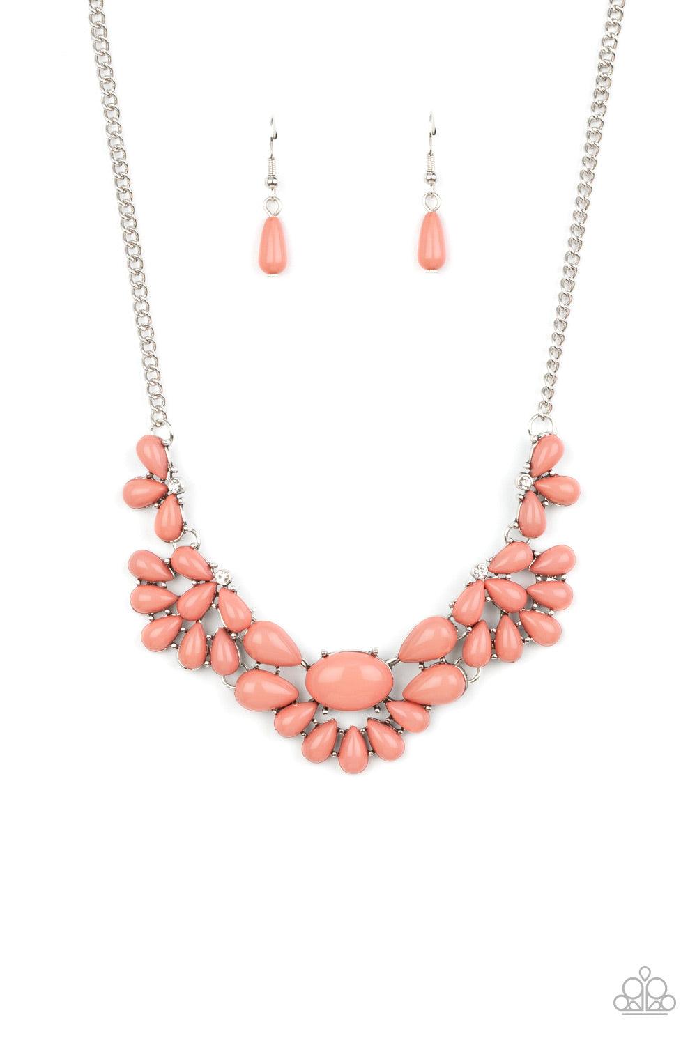 Paparazzi Accessories Secret GARDENISTA - Pink Teardrop Pale Rosette beads fan out from the bottoms of solitaire white rhinestones as they link below the collar, creating whimsically stacked frames. Featuring an oval center, oversized teardrop beads flare