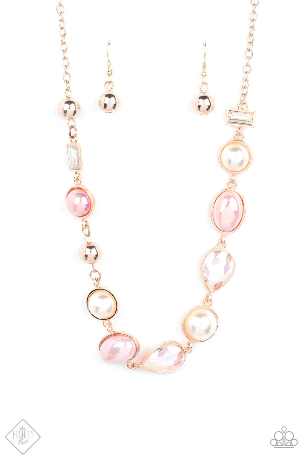 Paparazzi Accessories Nautical Nirvana - Rose Gold A collection of classic white pearls, Pale Rosette pearls glazed in a reflective finish, and iridescent teardrops dance along the collar in an ethereal display. Rose gold frames encase each bead, adding a